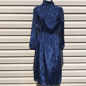 Vtg navy blue 80s secretary teacher dress collar